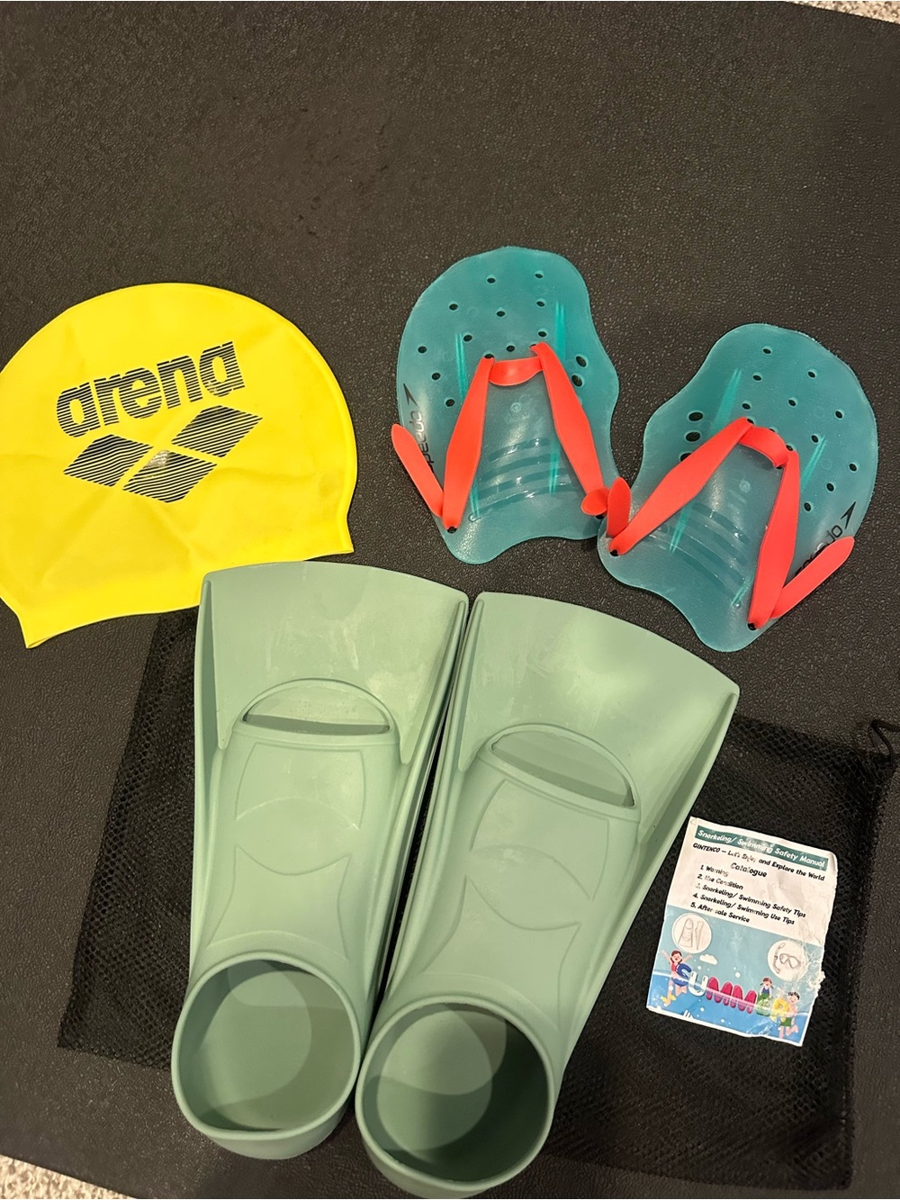 Arena Yellow Swim Cap + Aqua Green Short Fins+ Speedo Paddles - Picture 7 of 11